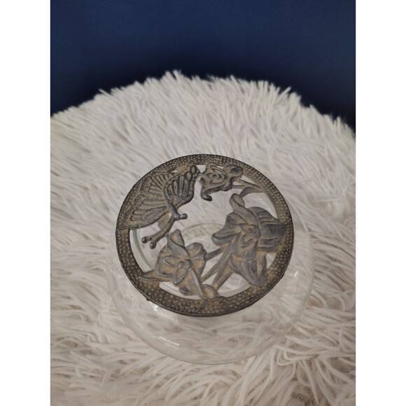 Vintage Metzke Pewter Butterfly Floral  Glass Potpourri Trinket Dish - Picture 1 of 7